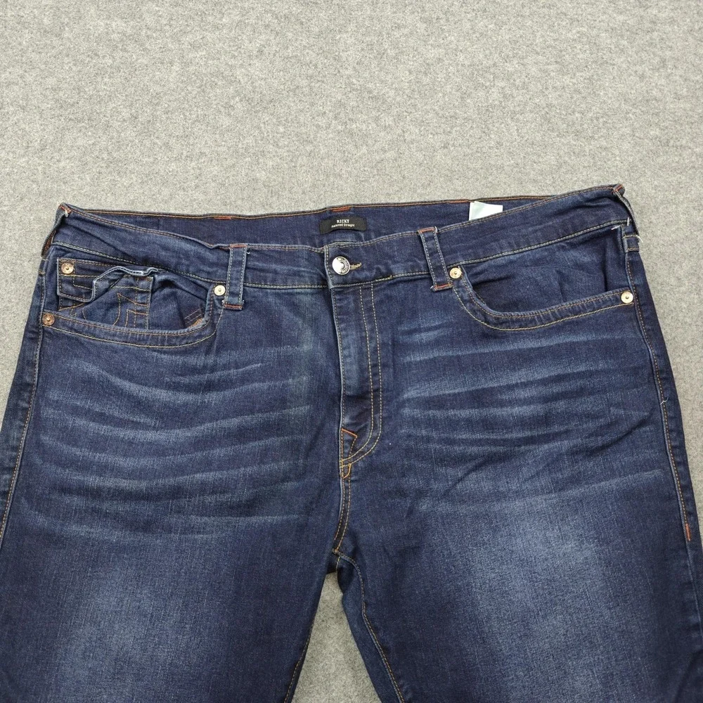 True Religion Ricky Jeans Mens 46x34 Blue Wash Relaxed Straight Stretch Denim